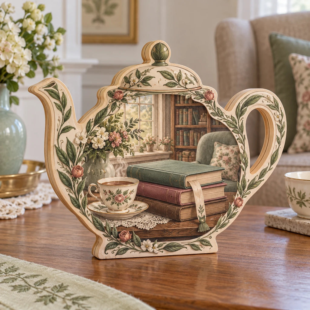 Wooden Block 3 Layer with teapot silhouette and printed library teacup, books and botanical framing in a tea nook