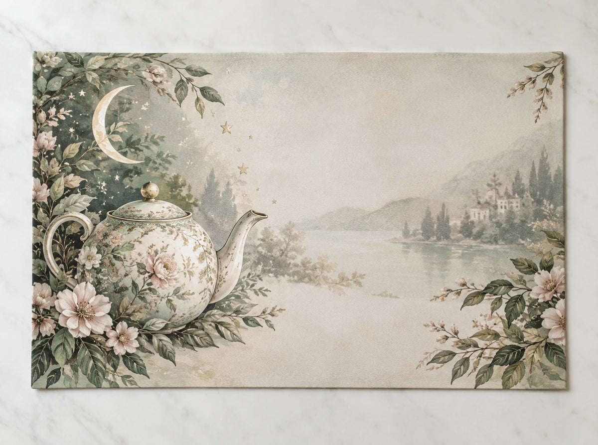 English Teapot Moonlit Tea Placemat with printed dimensional artwork