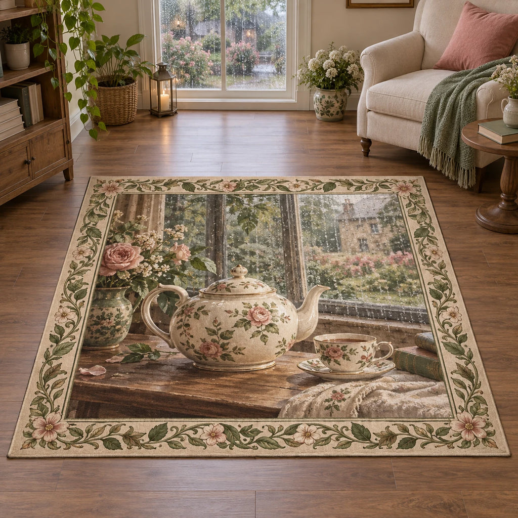 English Teapot Window Pause Area Rug with dimensional printed artwork in a matching indoor setting