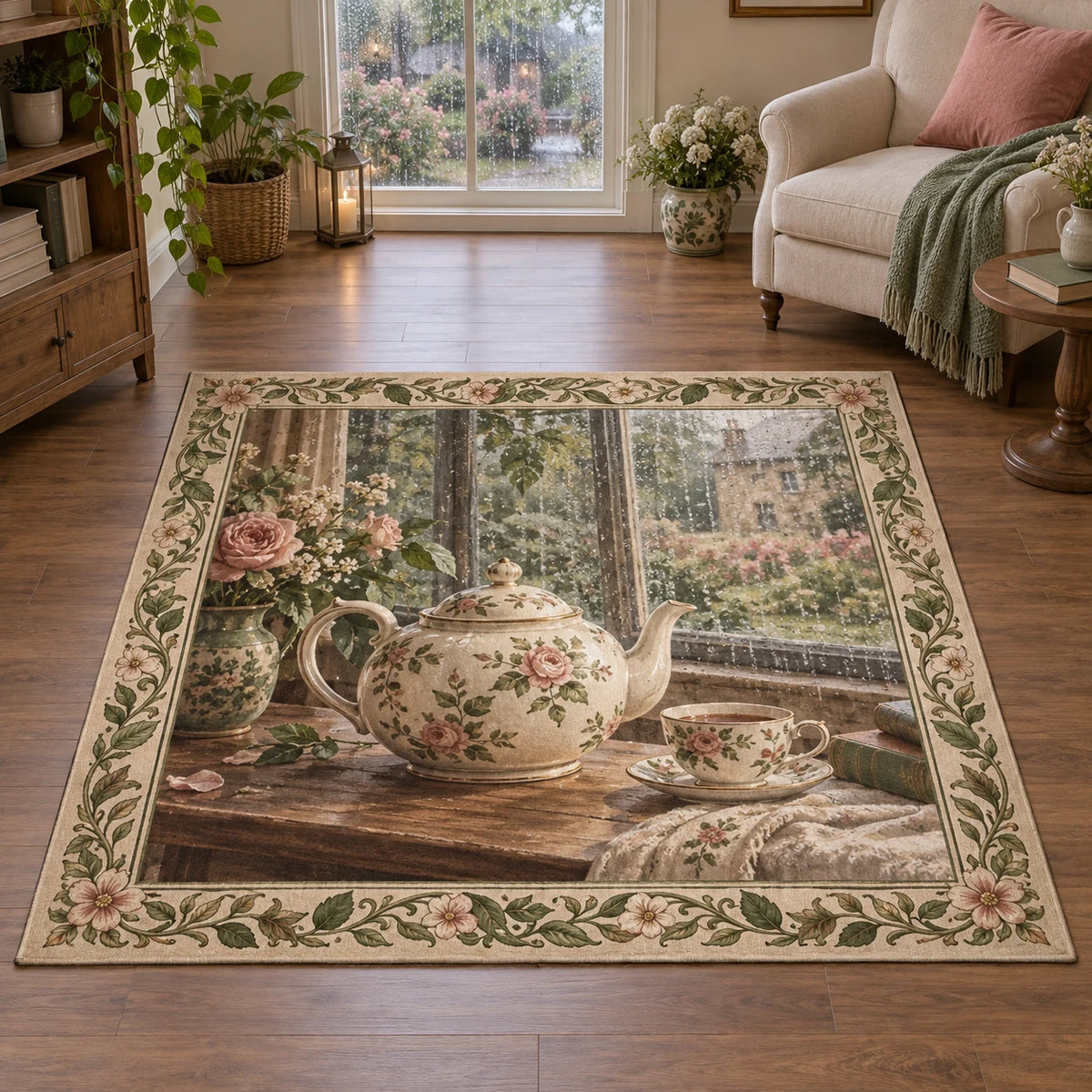 English Teapot Window Pause Area Rug with dimensional printed artwork in a matching indoor setting