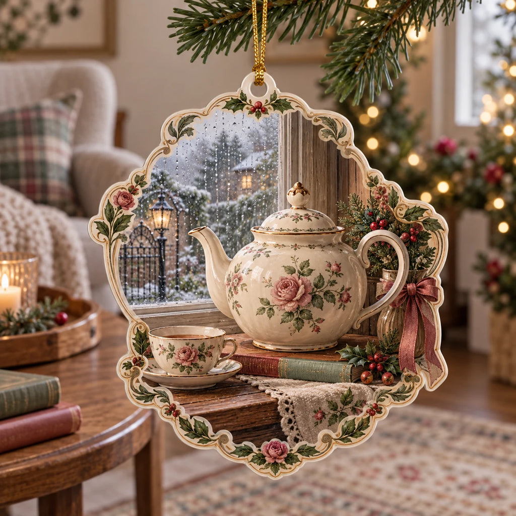 English Teapot Window Pause Christmas Ornament with dimensional printed artwork in a matching indoor setting