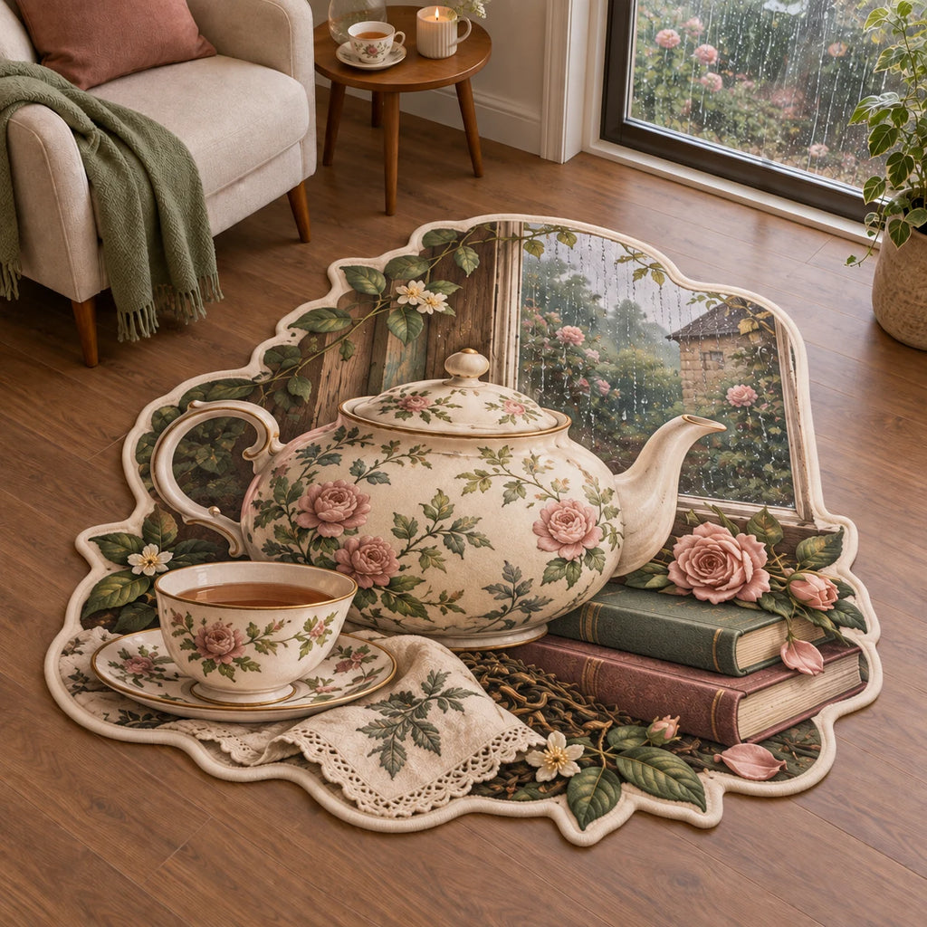 English Teapot Window Pause Custom Shape Area Rug with dimensional printed artwork in a matching indoor setting
