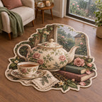 English Teapot Window Pause Custom Shape Area Rug with dimensional printed artwork in a matching indoor setting