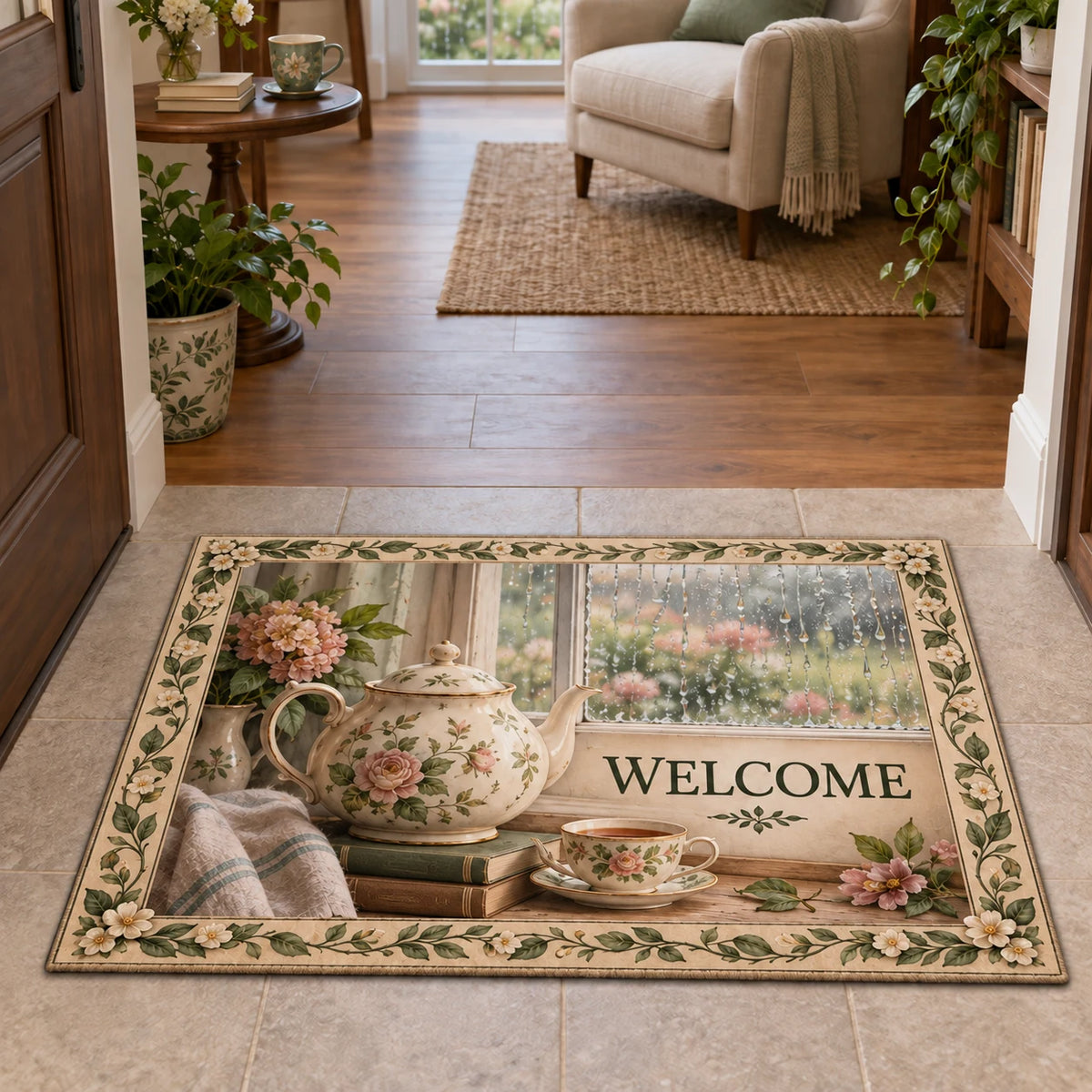 English Teapot Window Pause Doormat with dimensional printed artwork in a matching indoor setting