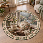 English Teapot Window Pause Round Mat Rug with dimensional printed artwork in a matching indoor setting