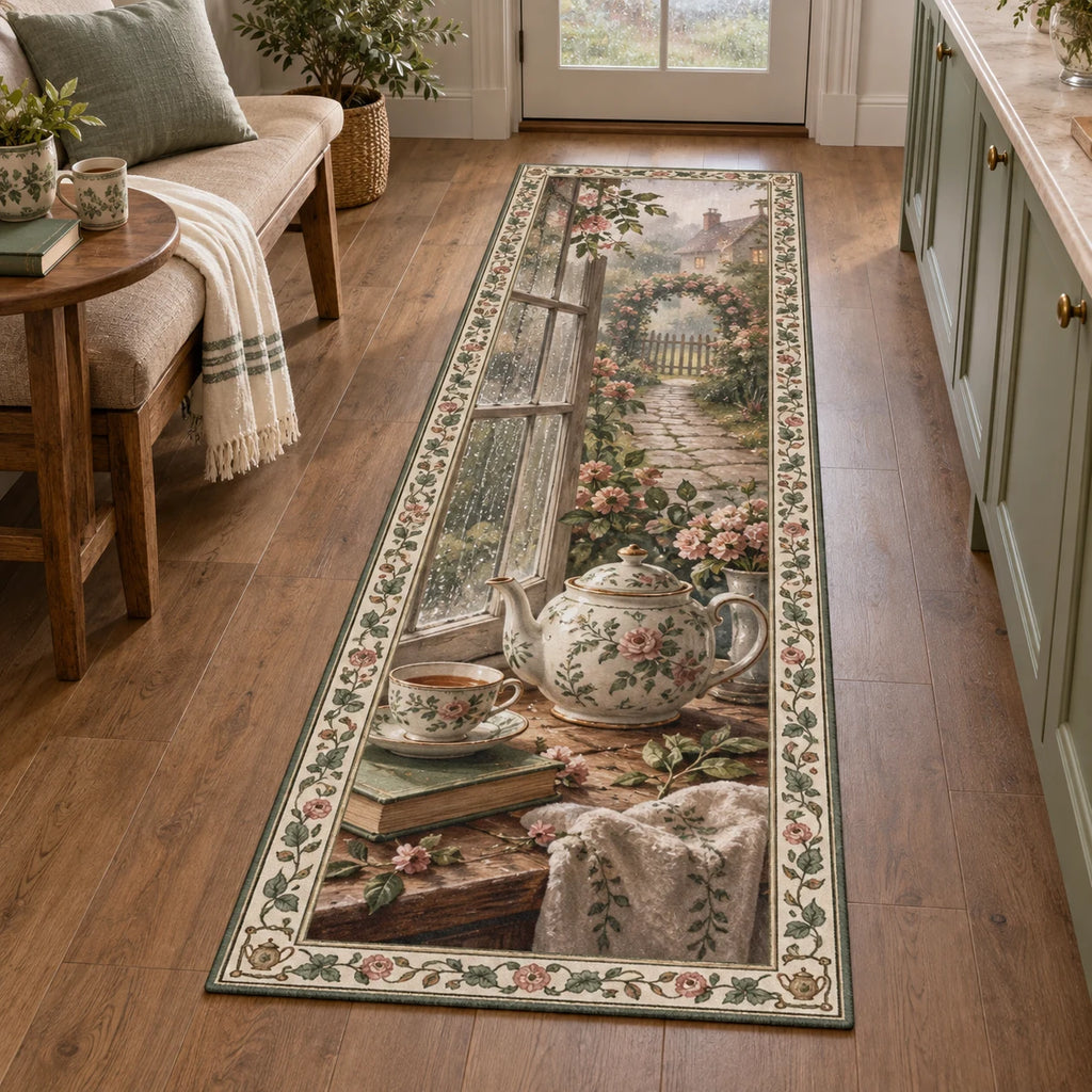 English Teapot Window Pause Runner Rug with dimensional printed artwork in a matching indoor setting