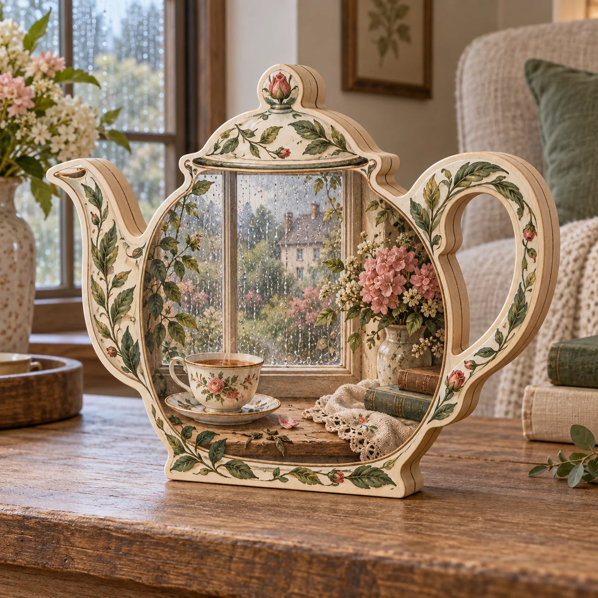 English Teapot Window Pause Wooden Block with dimensional printed artwork in a matching indoor setting