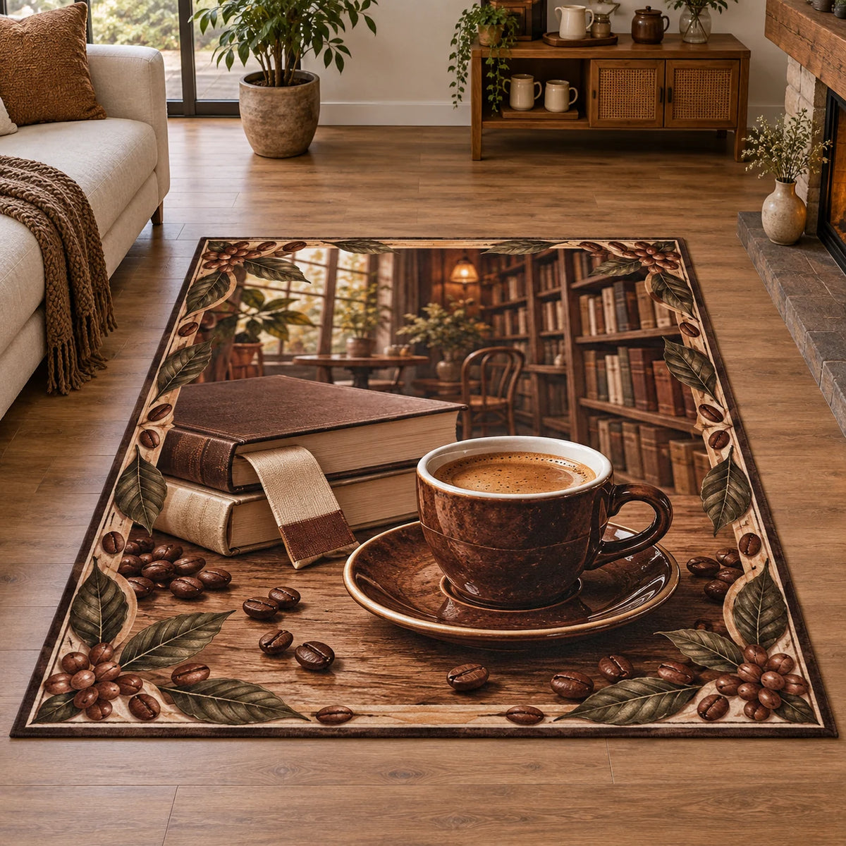 Area Rug with printed espresso cup, blank books, bookmark and coffee-leaf framing in a cozy coffee nook