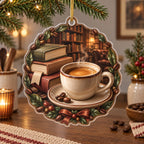 Christmas Ornament with printed espresso cup, blank books, bookmark and coffee-leaf framing in a cozy coffee nook