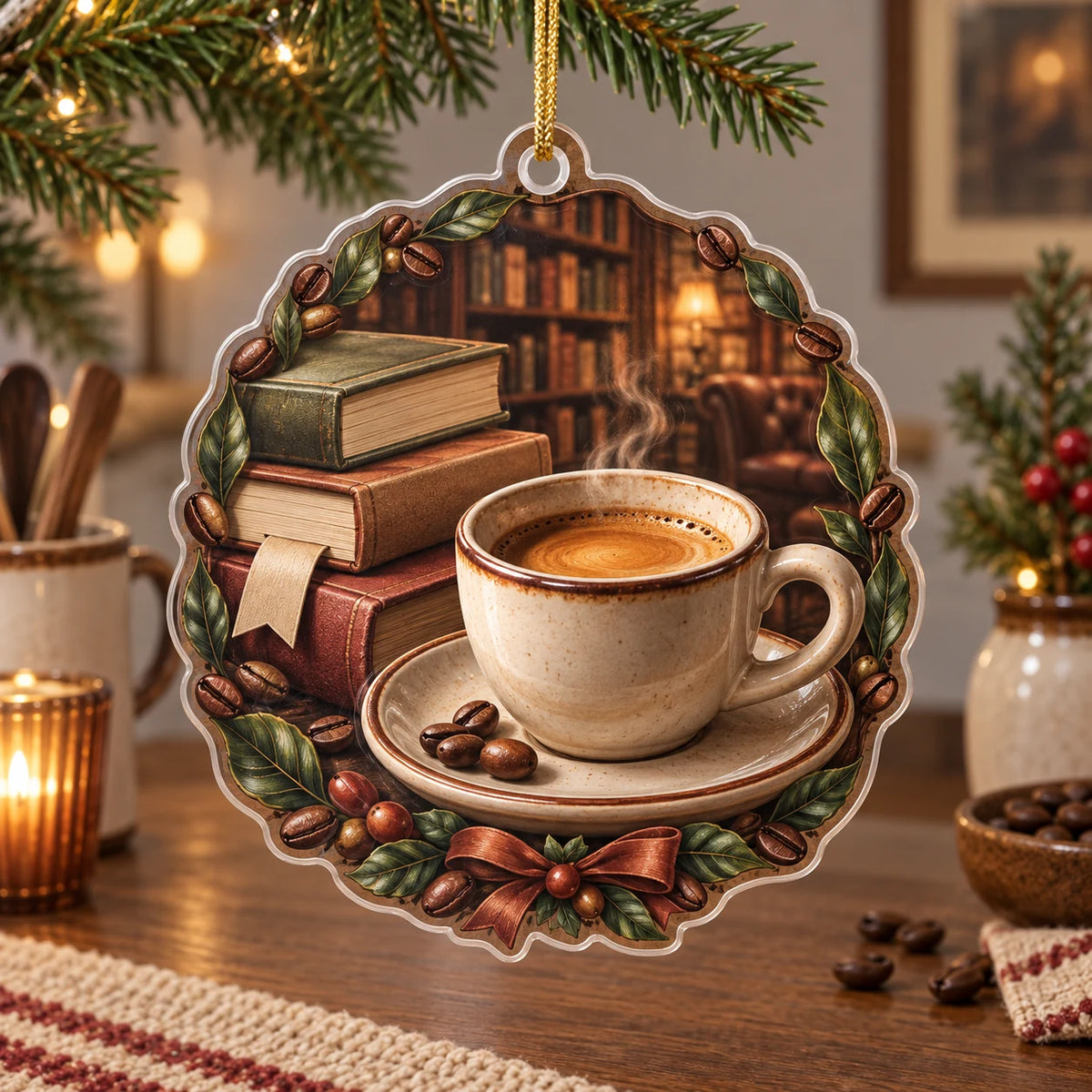 Christmas Ornament with printed espresso cup, blank books, bookmark and coffee-leaf framing in a cozy coffee nook