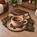 Custom Shape Area Rug with printed espresso cup, blank books, bookmark and coffee leaves in a warm coffee nook
