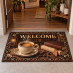Doormat with printed espresso cup, blank books, bookmark and coffee-leaf framing in a cozy coffee nook