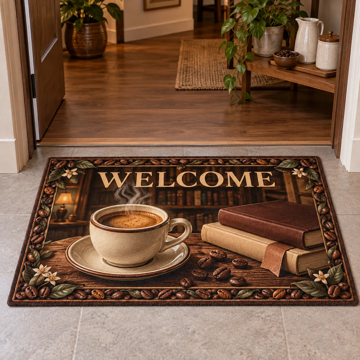Doormat with printed espresso cup, blank books, bookmark and coffee-leaf framing in a cozy coffee nook