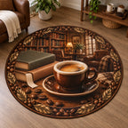 Round Mat Rug with printed espresso cup, blank books, bookmark and coffee-leaf framing in a cozy coffee nook
