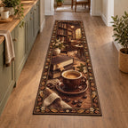 Runner Rug with printed espresso cup, blank books, bookmark and coffee-leaf framing in a cozy coffee nook