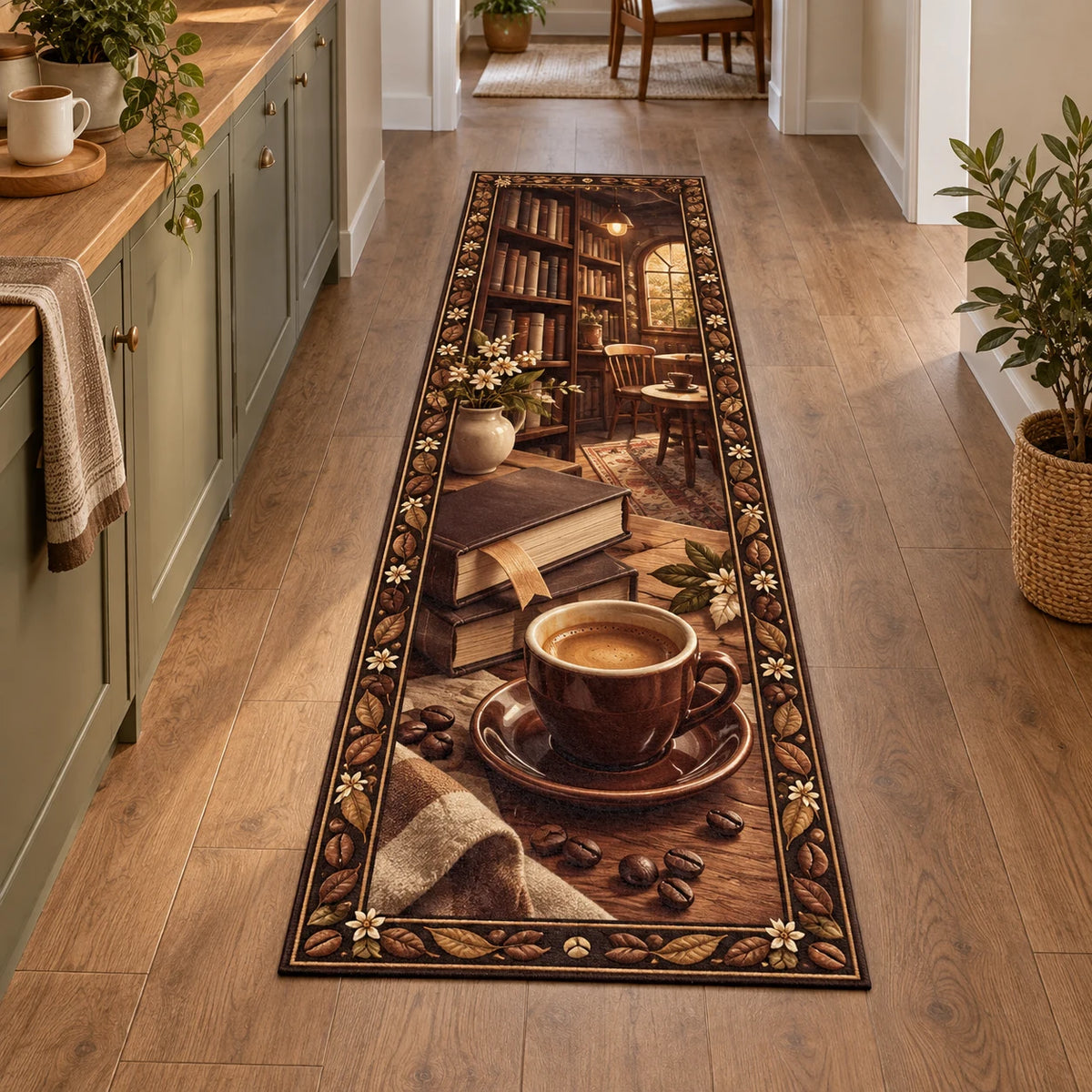 Runner Rug with printed espresso cup, blank books, bookmark and coffee-leaf framing in a cozy coffee nook
