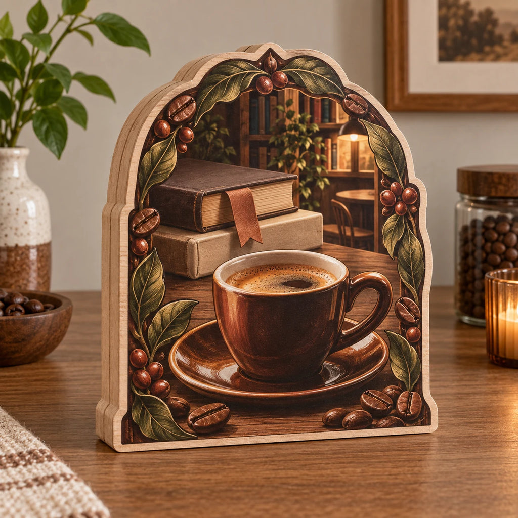Wooden Block 3 Layer with printed espresso cup, blank books, bookmark and coffee leaves in a warm coffee nook