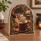 Wooden Block 3 Layer with printed espresso cup, blank books, bookmark and coffee leaves in a warm coffee nook