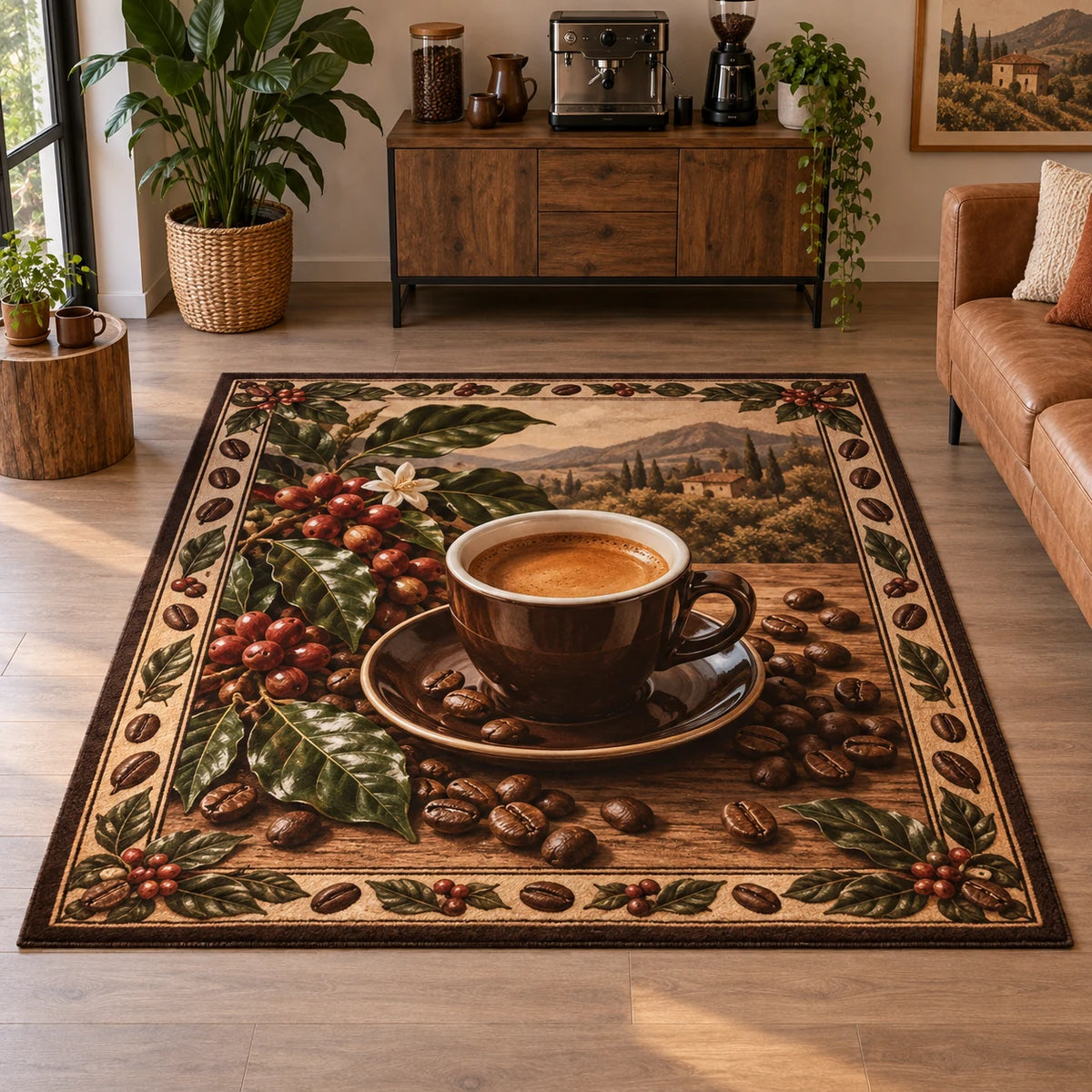 Espresso Cup Botanical Roast Area Rug with dimensional printed artwork in a matching indoor setting