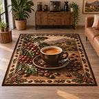 Espresso Cup Botanical Roast Area Rug with dimensional printed artwork in a matching indoor setting
