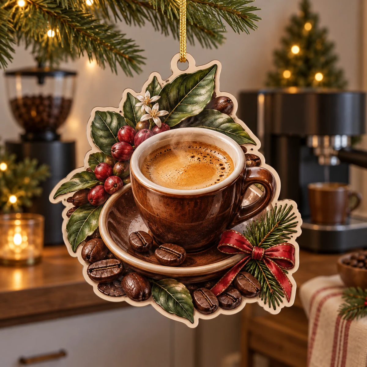 Espresso Cup Botanical Roast Christmas Ornament with dimensional printed artwork in a matching indoor setting