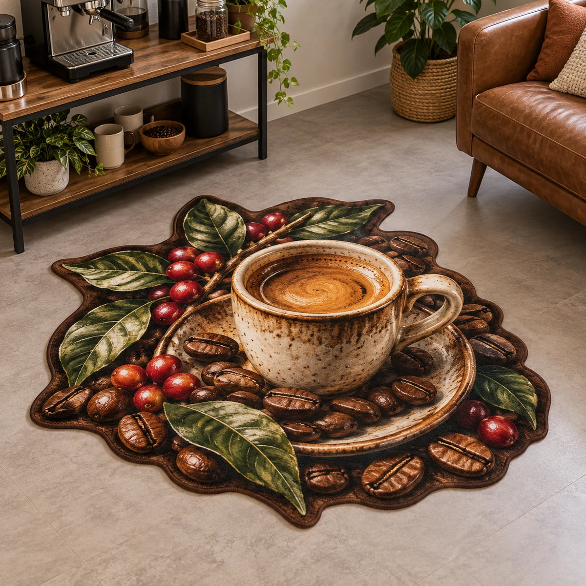 Espresso Cup Botanical Roast Custom Shape Area Rug with dimensional printed artwork in a matching indoor setting