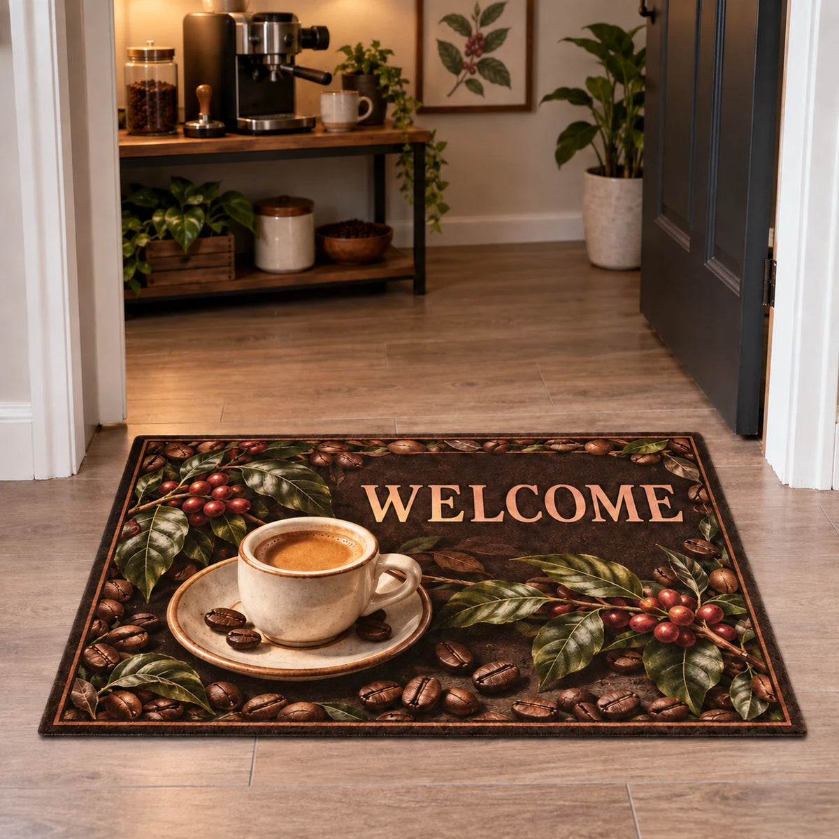 Espresso Cup Botanical Roast Doormat with dimensional printed artwork in a matching indoor setting