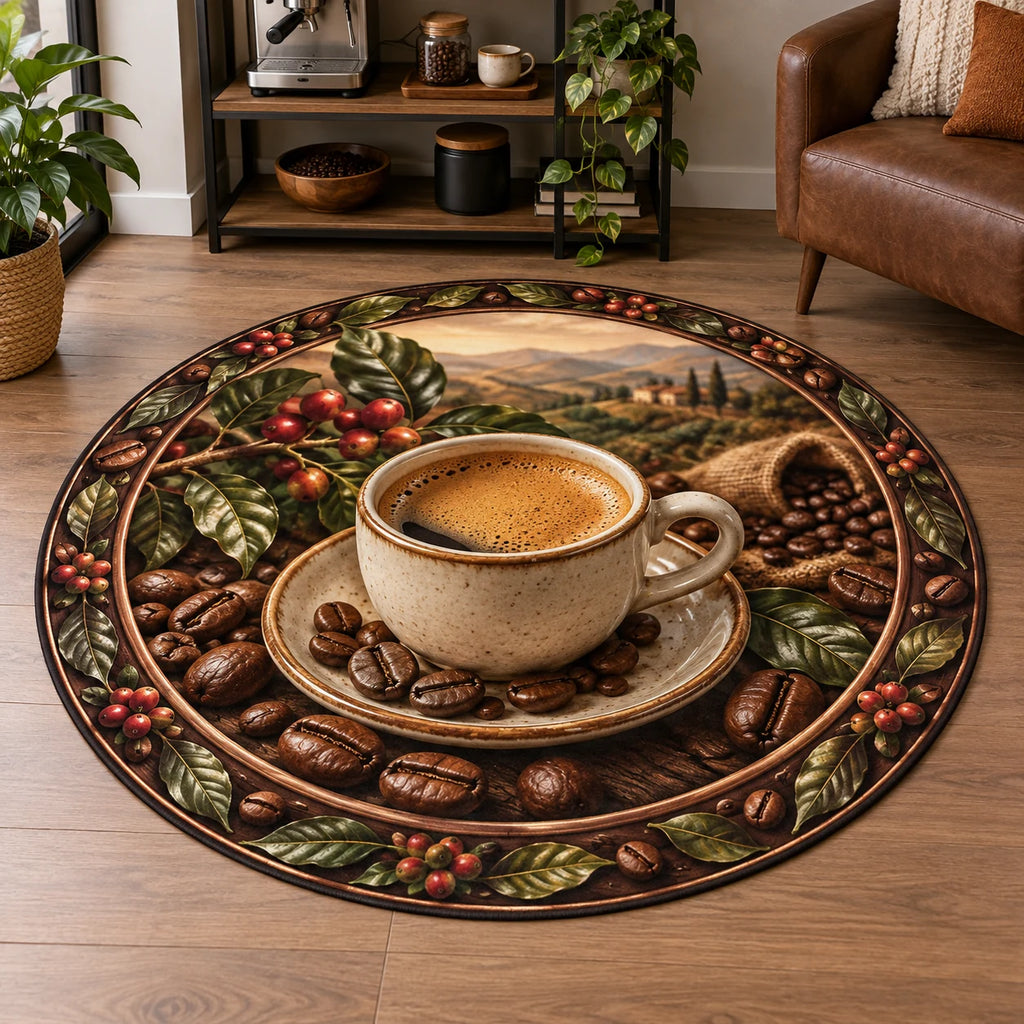 Espresso Cup Botanical Roast Round Mat Rug with dimensional printed artwork in a matching indoor setting