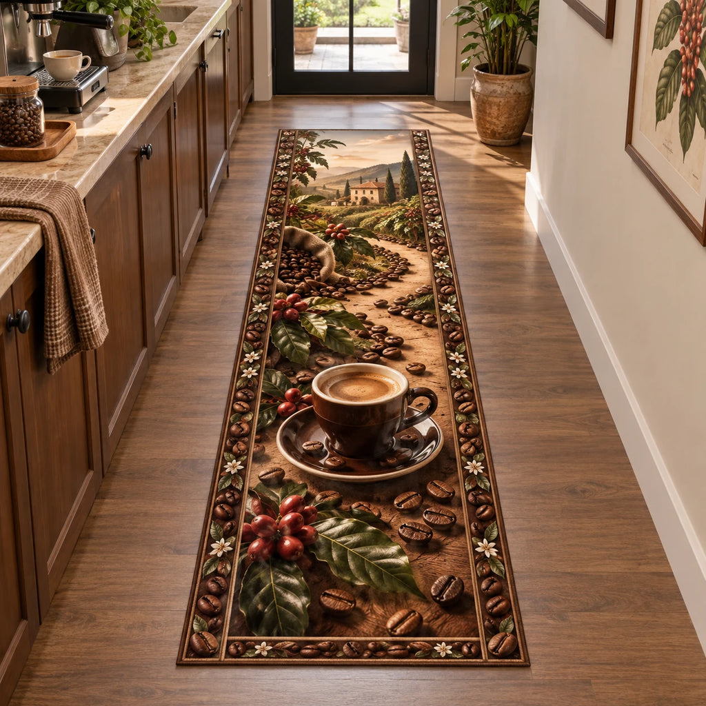 Espresso Cup Botanical Roast Runner Rug with dimensional printed artwork in a matching indoor setting