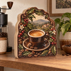 Espresso Cup Botanical Roast Wooden Block with dimensional printed artwork in a matching indoor setting