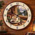 Espresso Cabin Brew Wooden Wall Clock with flat printed espresso and mountain cabin depth
