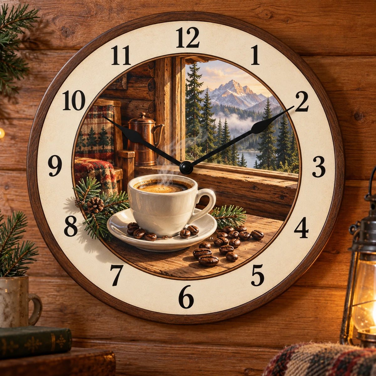 Espresso Cabin Brew Wooden Wall Clock with flat printed espresso and mountain cabin depth