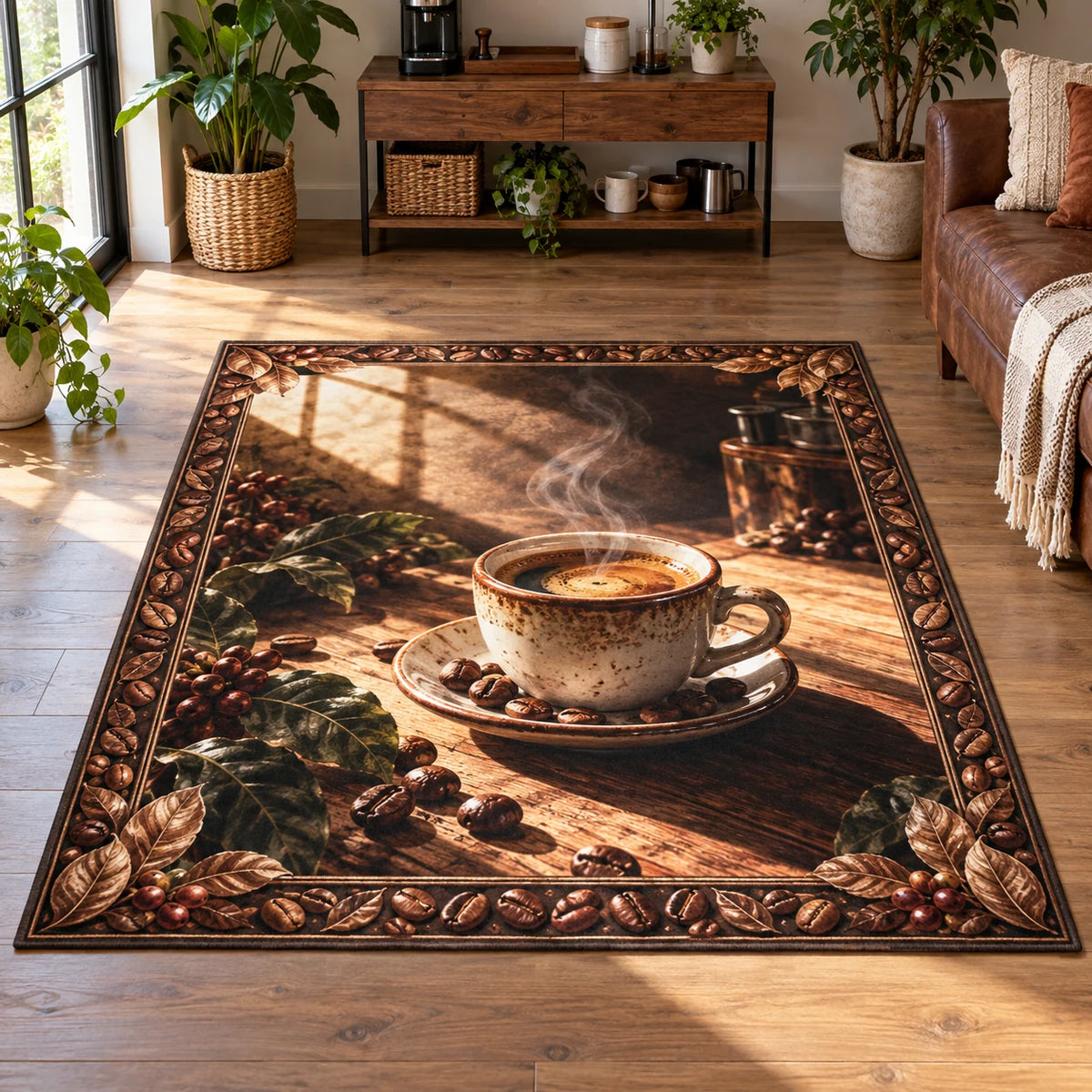 Espresso Morning Sunbeam Area Rug with dimensional printed artwork and a coordinated interior