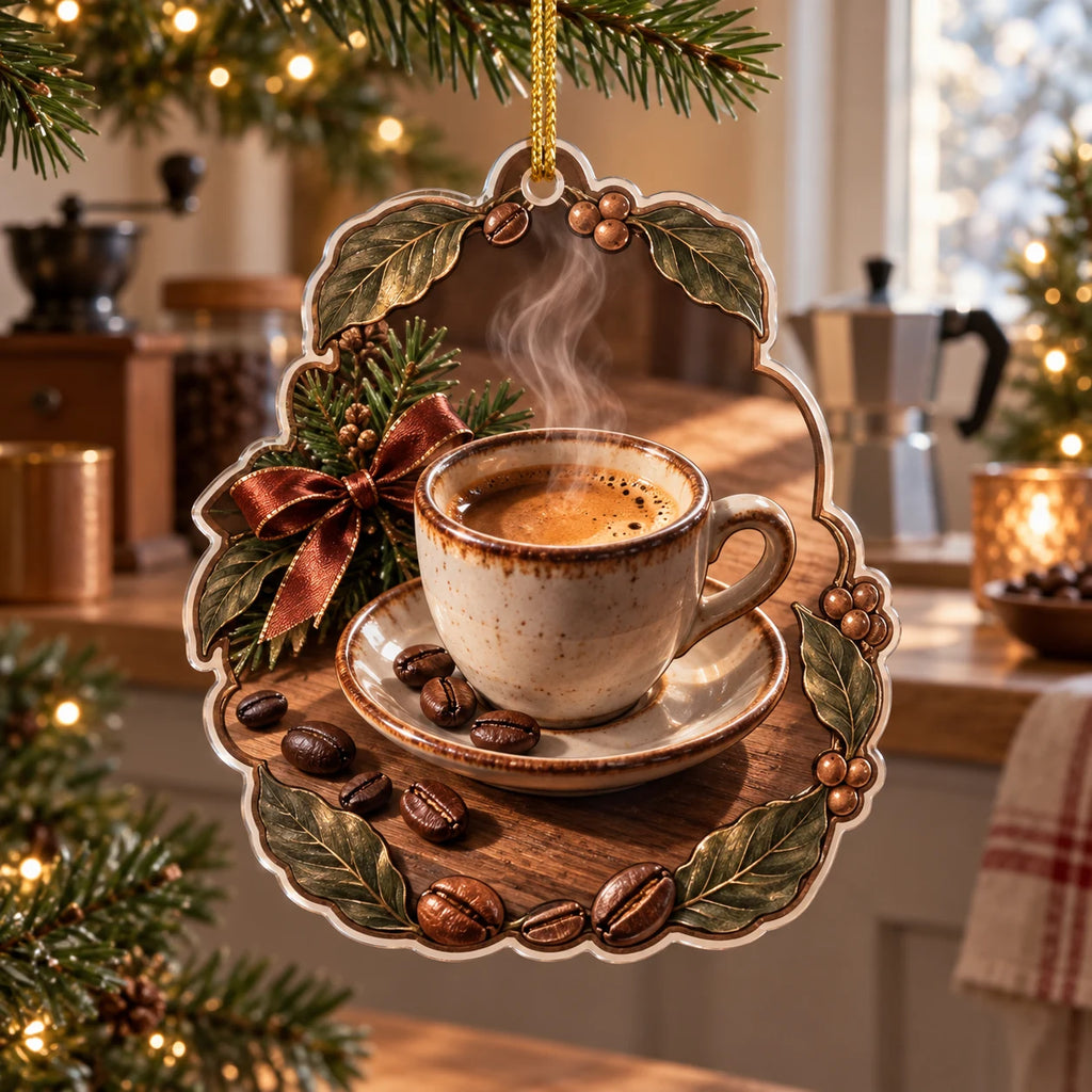 Espresso Morning Sunbeam Christmas Ornament with dimensional printed artwork in a coordinated home setting