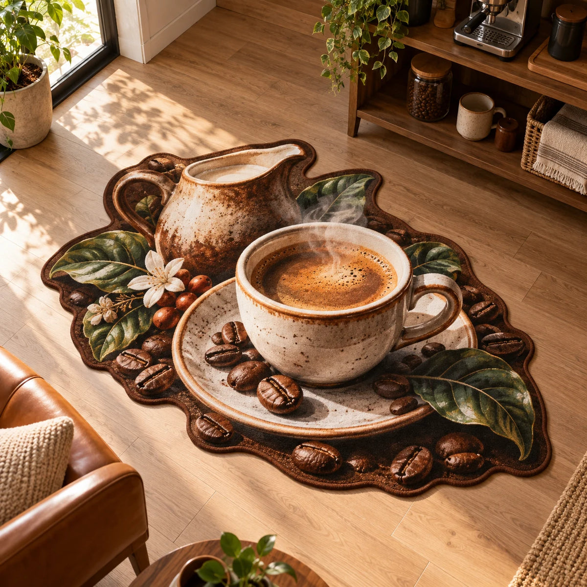 Espresso Morning Sunbeam Custom Shape Rug with dimensional printed artwork in a coordinated home setting