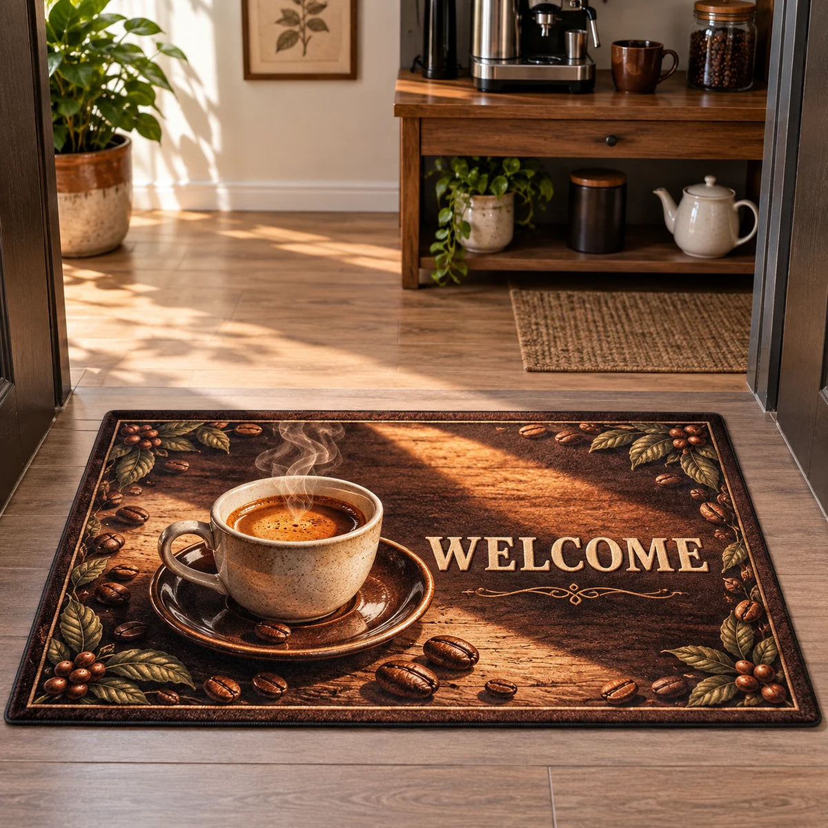 Espresso Morning Sunbeam Welcome Doormat with dimensional printed artwork in a coordinated home setting