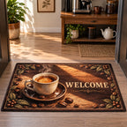 Espresso Morning Sunbeam Welcome Doormat with dimensional printed artwork in a coordinated home setting