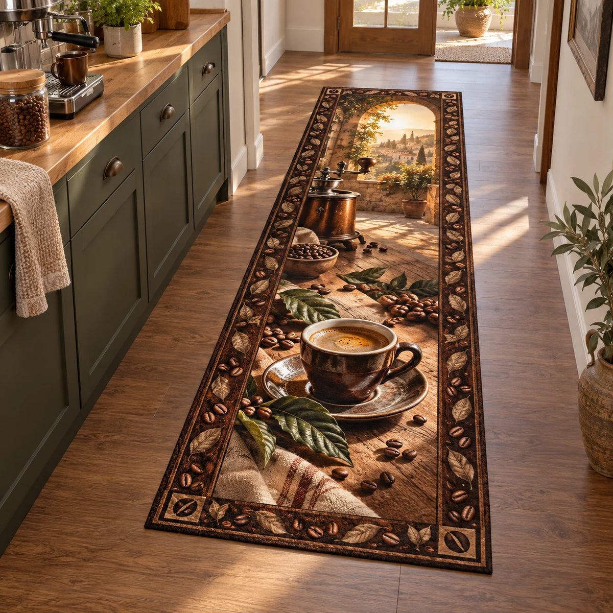 Espresso Morning Sunbeam Runner Rug with dimensional printed artwork in a coordinated home setting