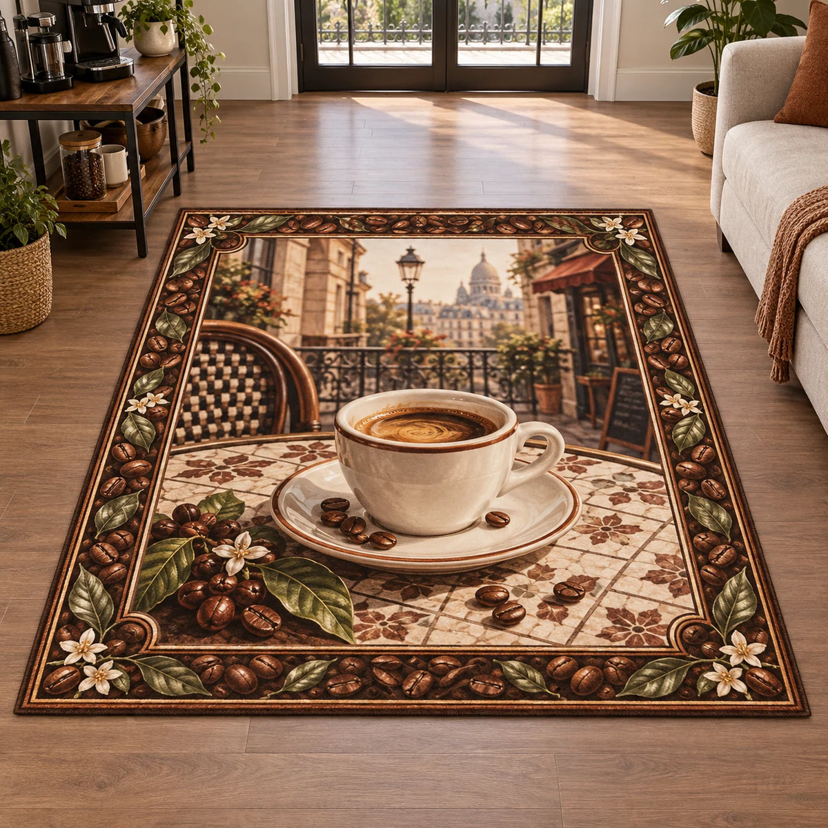Espresso Cup Parisian Table Area Rug featuring an ivory espresso cup, saucer and Parisian bistro scenery