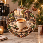 Espresso Cup Parisian Table Christmas Ornament featuring an ivory espresso cup, saucer and Parisian bistro scenery