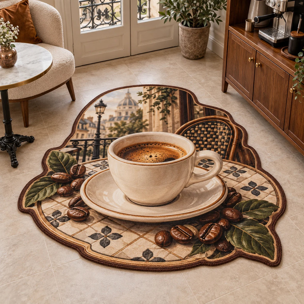 Espresso Cup Parisian Table Custom Shape Area Rug featuring an ivory espresso cup, saucer and Parisian bistro scenery