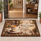 Espresso Cup Parisian Table Doormat featuring an ivory espresso cup, saucer and Parisian bistro scenery