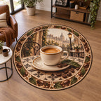 Espresso Cup Parisian Table Round Mat Rug featuring an ivory espresso cup, saucer and Parisian bistro scenery