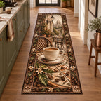 Espresso Cup Parisian Table Runner Rug featuring an ivory espresso cup, saucer and Parisian bistro scenery