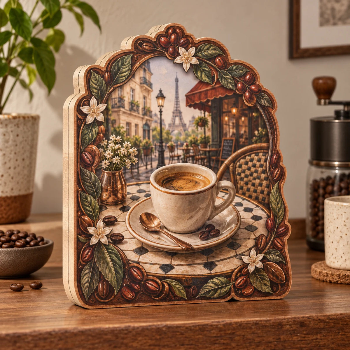 Espresso Cup Parisian Table Wooden Block 3 Layer featuring a printed espresso cup and Parisian cafe