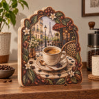 Espresso Cup Parisian Table Wooden Block 3 Layer featuring a printed espresso cup and Parisian cafe