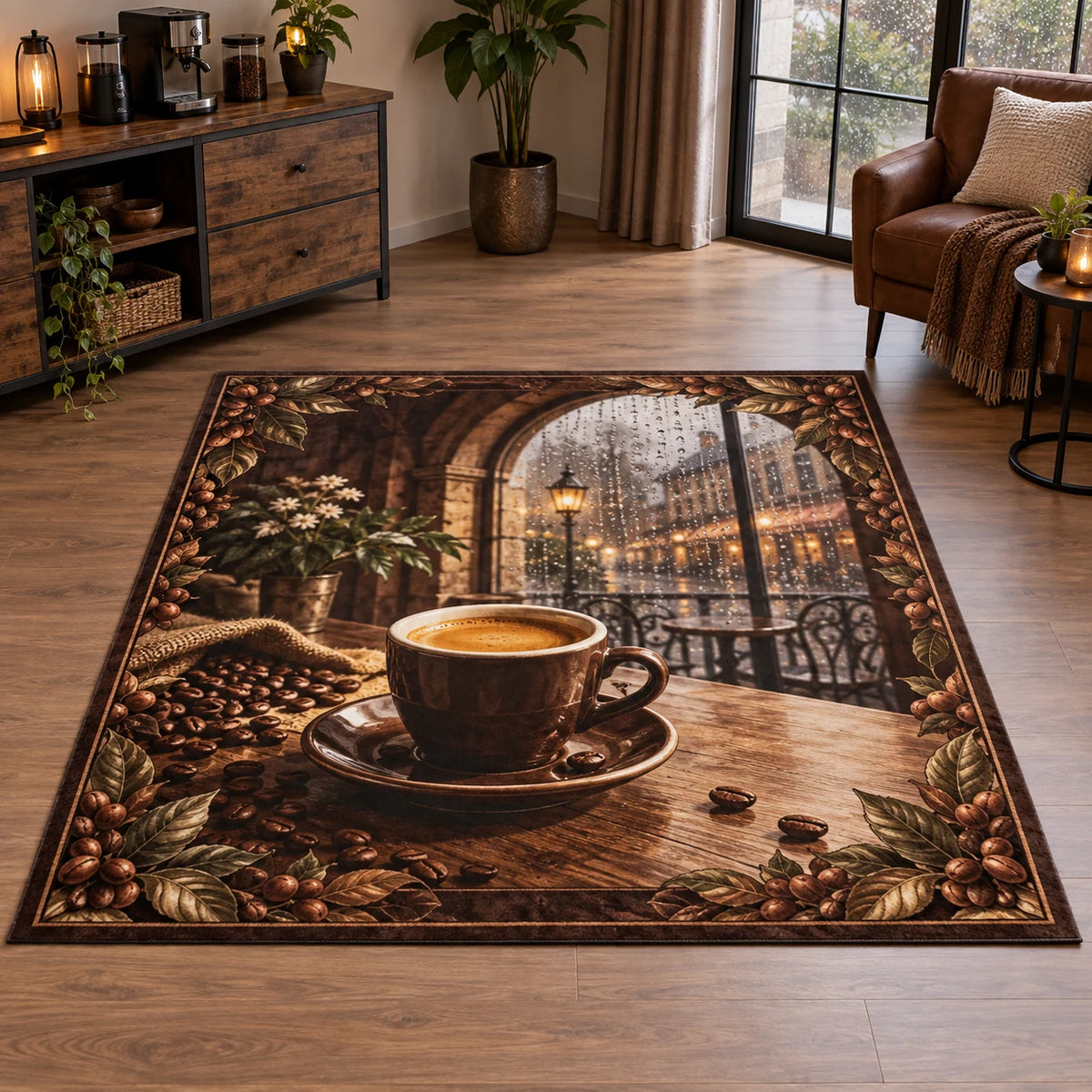 Espresso Cup Rainy Cafe Area Rug showing an espresso cup and saucer beside a rainy arched cafe window