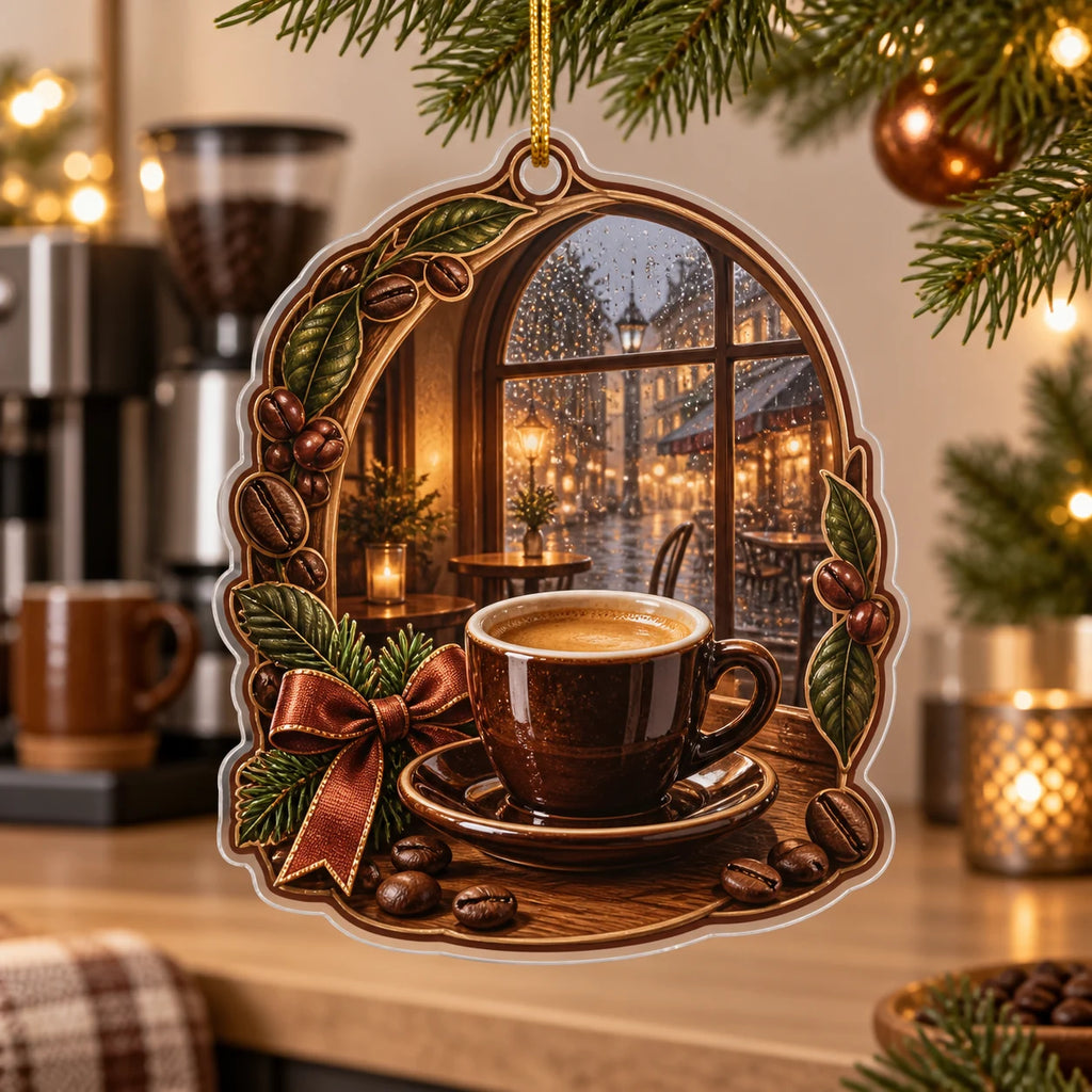 Espresso Rainy Cafe Christmas Ornament showing an espresso cup and saucer beside a rainy arched cafe window