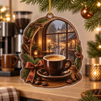 Espresso Rainy Cafe Christmas Ornament showing an espresso cup and saucer beside a rainy arched cafe window