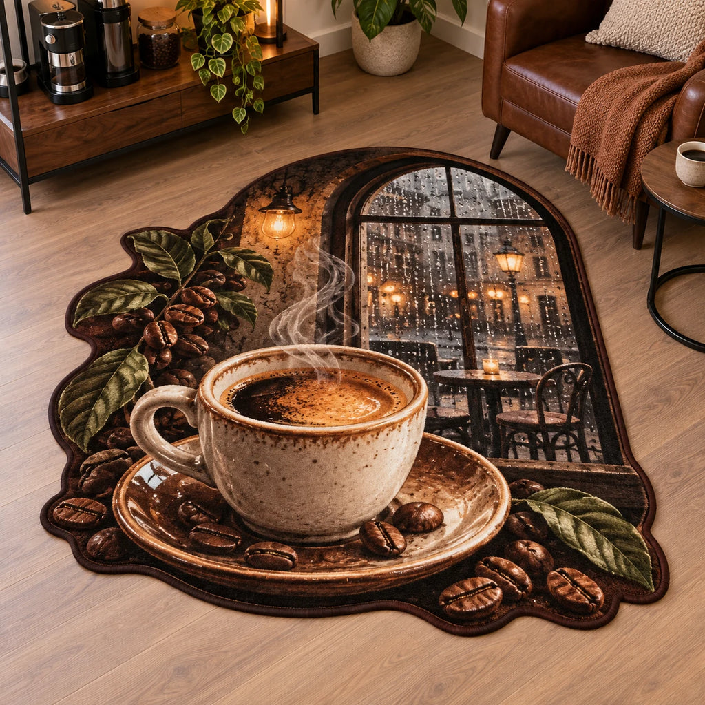Espresso Rainy Cafe Custom Shape Rug showing an espresso cup beside a rainy arched cafe window